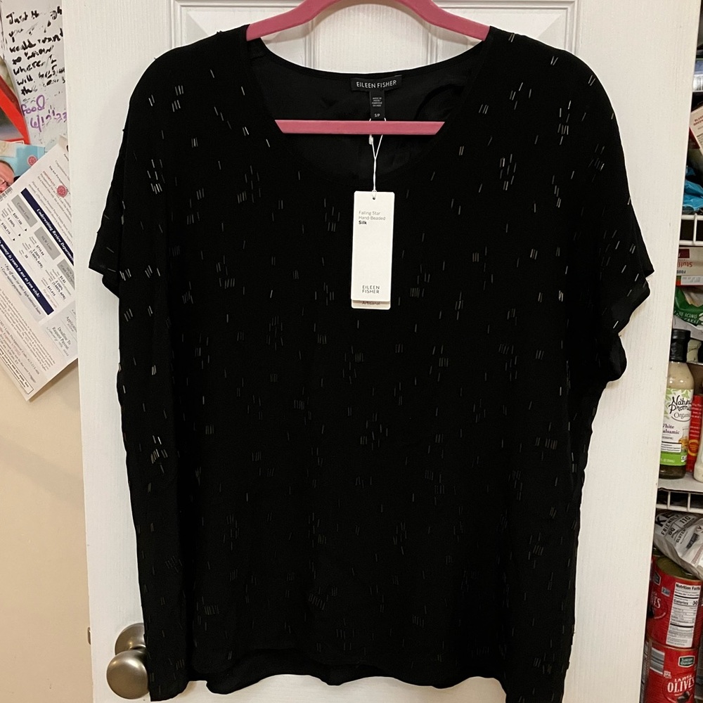 NWT Eileen Fisher Black Silk Hand-Beaded Blouse Falling Star Artisanal S/P